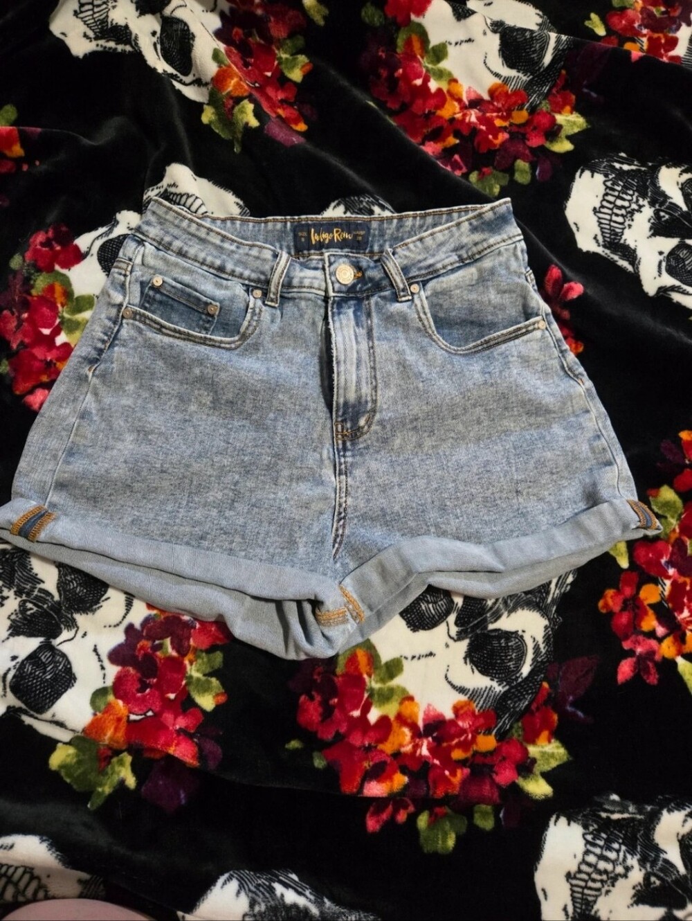 Light Wash Denim High-Rise Rolled Hem Shorts